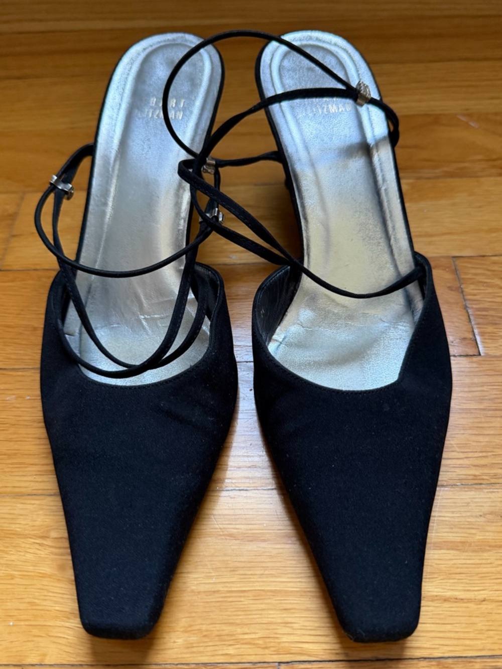 Stuart Weitzman Womens Black Silk Slingback Heels size 7 1/2